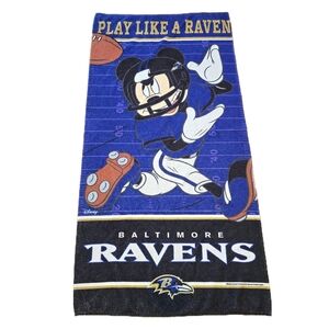 Baltimore Ravens Play Like A Raven Mickey Mouse NFL Beach Towel EUC 58"x 28"